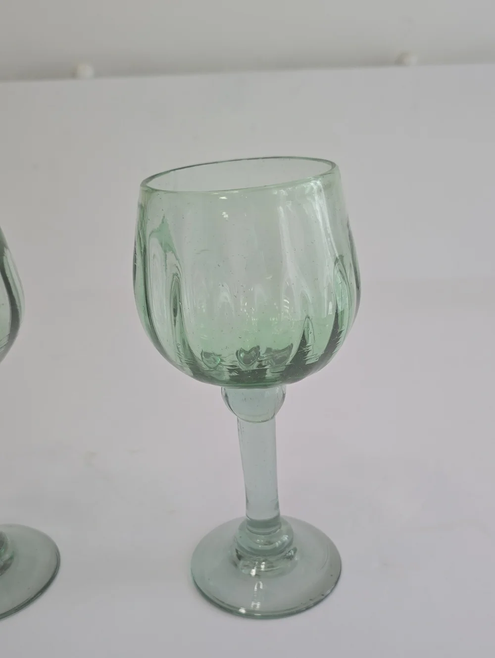 Vintage Set Of 2 Handblown Mexican Green Wine Glasses Recycled Art Glass Bubbles
